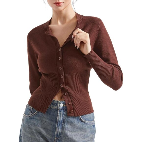 Women's Cardigan Crew Neck Ribbed Knitted Slim Fit Chocolate Brown Size XS-XL